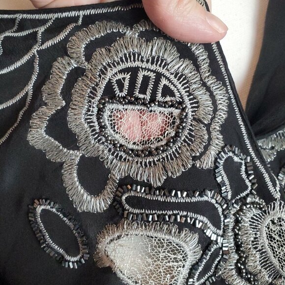 Vintage Cache Blouse Womens Small Silk Black Silver Embroidery Peplum 3/4 Sleeve - Picture 6 of 15